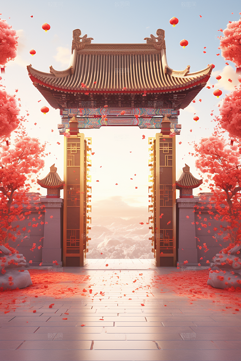 中式传统门楼开业国潮背景图