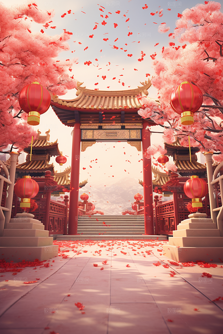 中式传统门楼火热开门红背景图