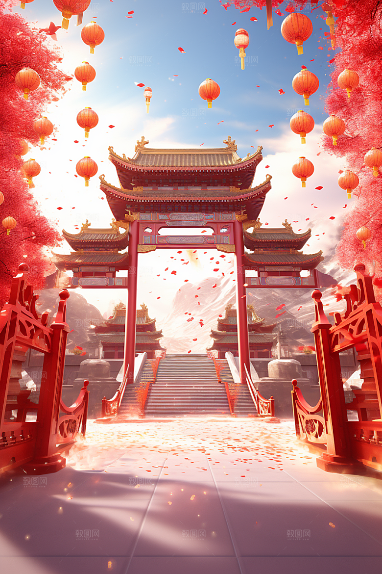 中式传统门楼火热国潮背景图