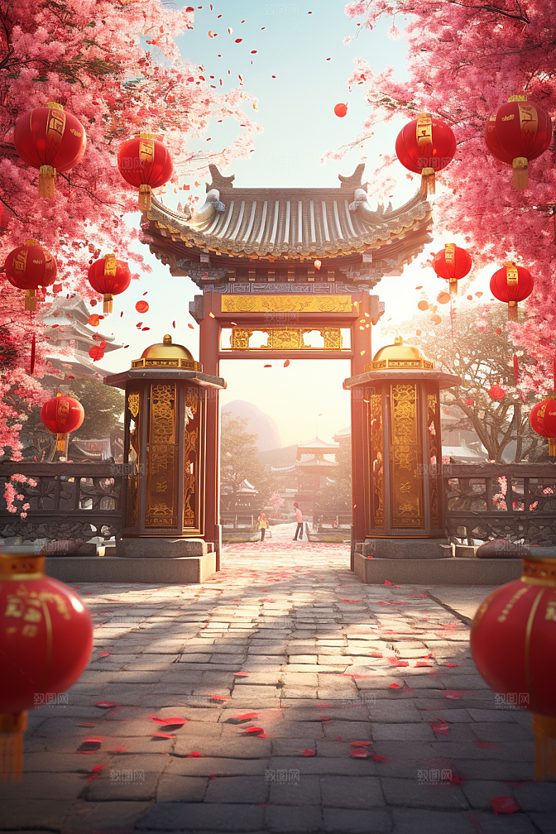 中式传统门楼喜庆开业背景图