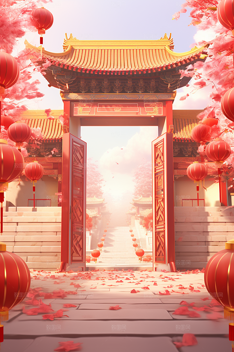 中式传统门楼火热喜庆背景图