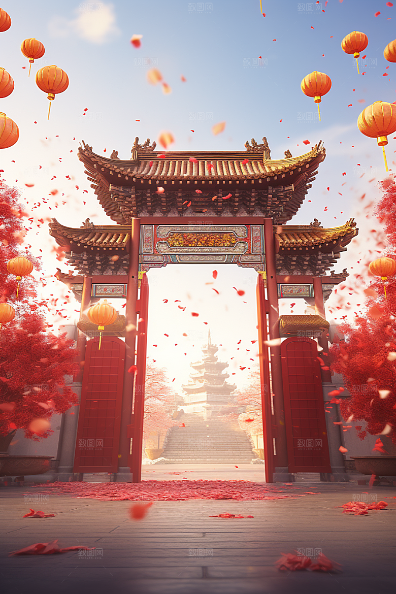 中式传统门楼火热中国风背景图
