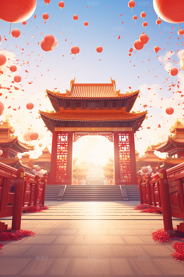中式传统门楼开业开门红背景图