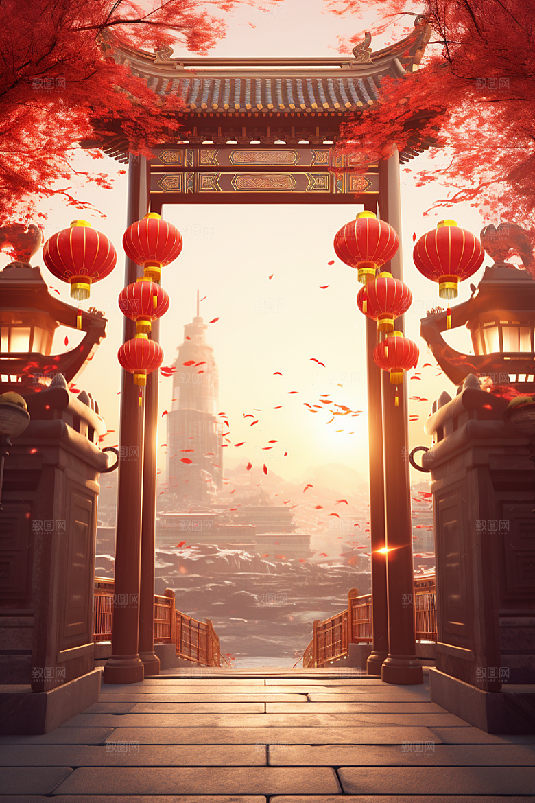 中式传统门楼直播开业大吉背景图
