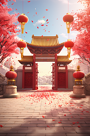中式传统门楼开业大吉国潮背景图