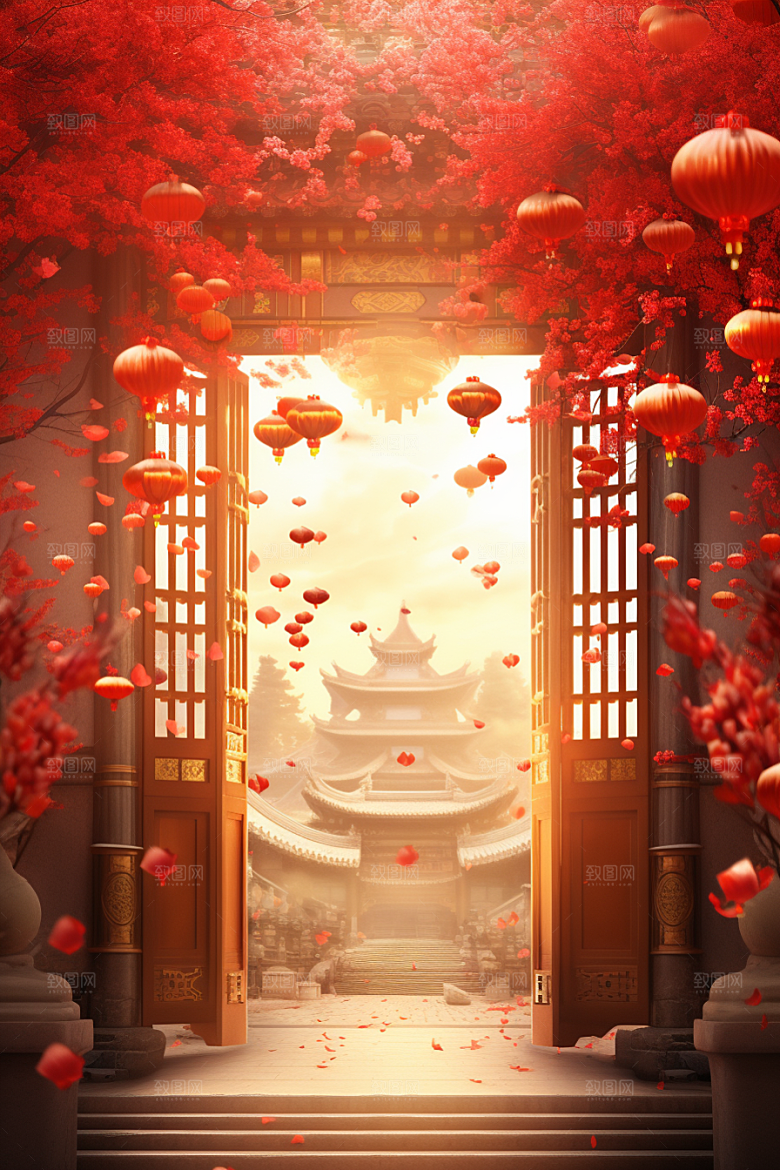 中式传统门楼开业大吉热卖背景图