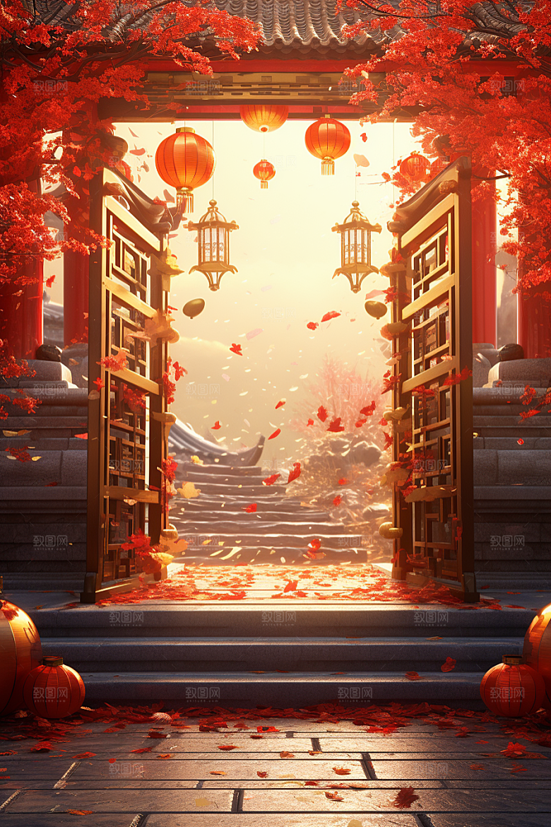 中式传统门楼开业促销背景图
