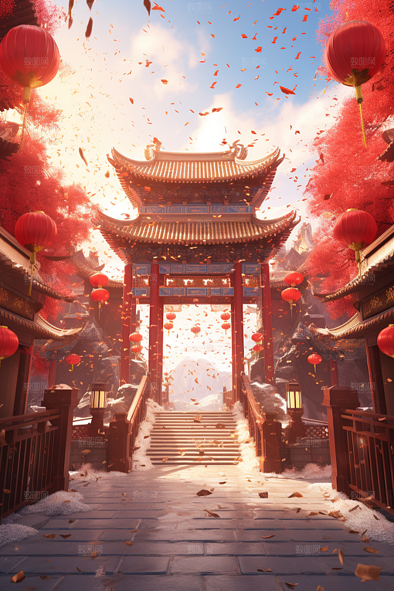 中式传统门楼火热喜庆背景图