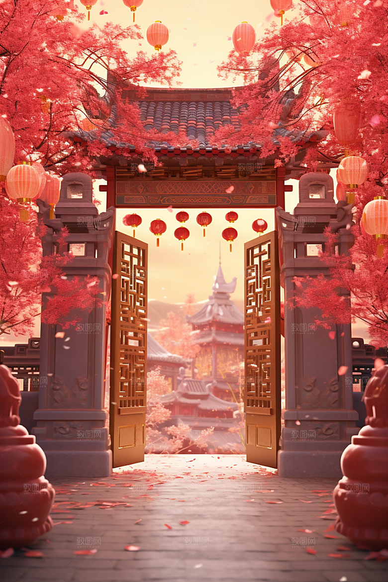 中式传统门楼开门红国潮背景图