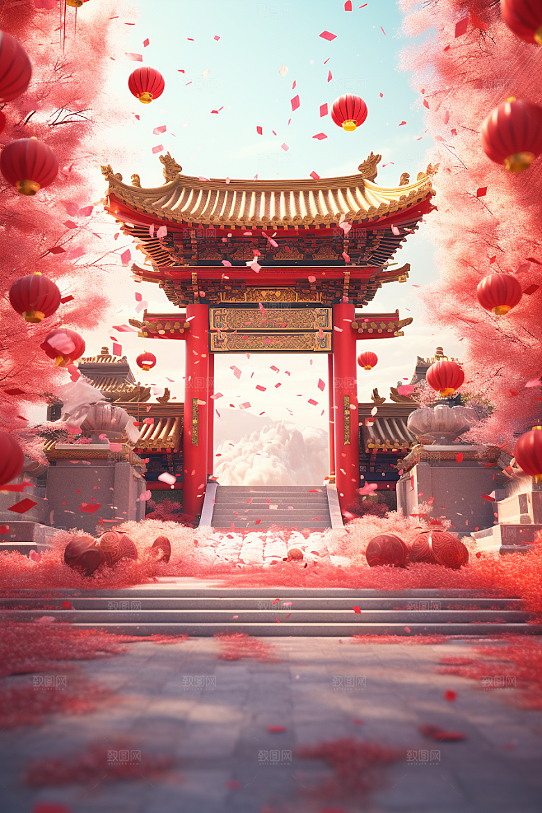 中式传统门楼中国风喜庆背景图