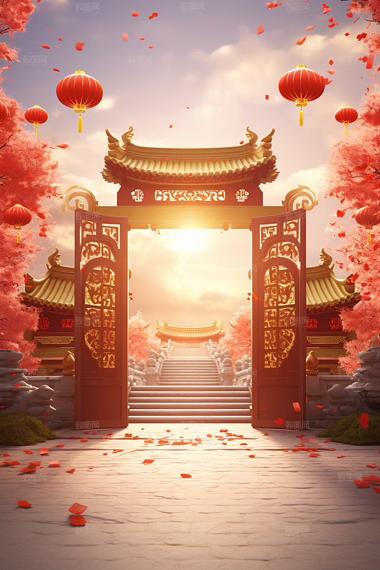 中式传统门楼促销开门红背景图