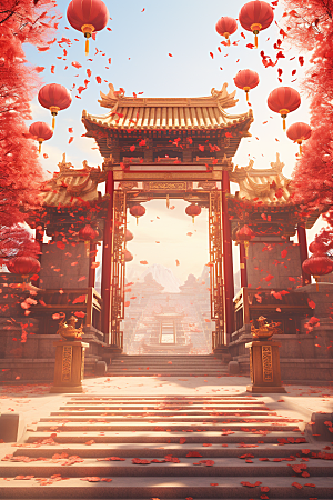 中式传统门楼促销开门红背景图