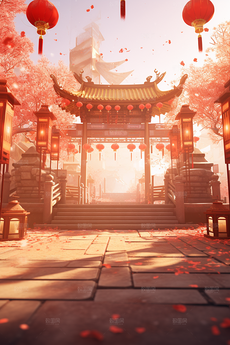 中式传统门楼中国风喜庆背景图