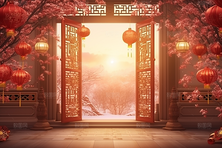 中式传统门楼国潮开业背景图