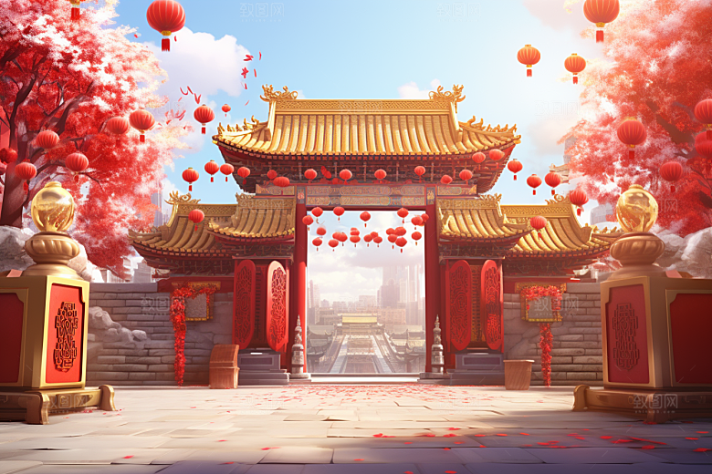 中式传统门楼热卖喜庆背景图