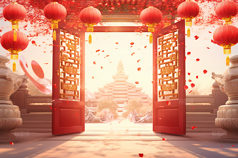 中式传统门楼开门红国潮背景图