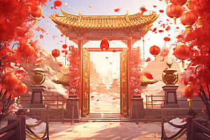中式传统门楼开业火热背景图