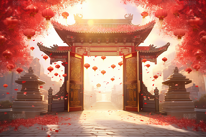 中式传统门楼热卖开业背景图