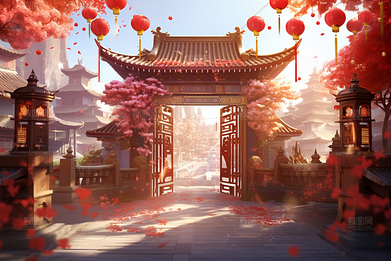 中式传统门楼直播喜庆背景图