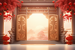 中式传统门楼国潮火热背景图