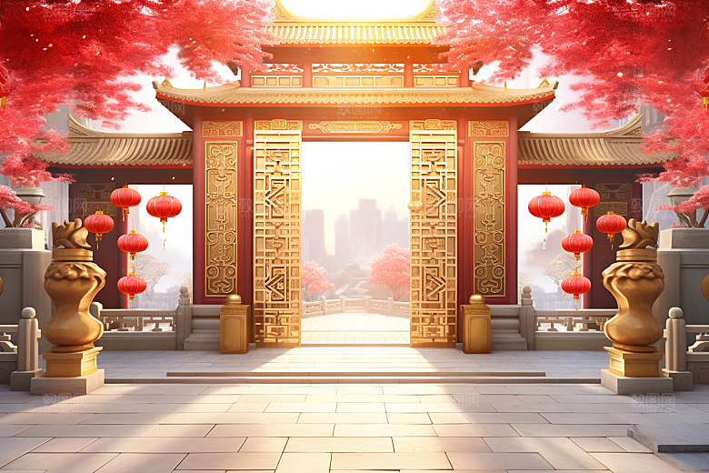中式传统门楼开业火热背景图