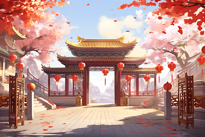 中式传统门楼开门红直播背景图