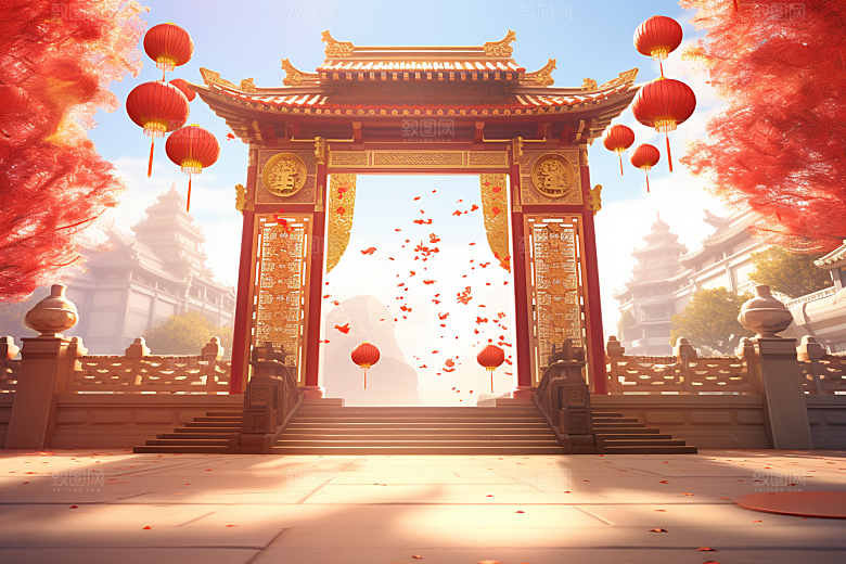 中式传统门楼开业促销背景图