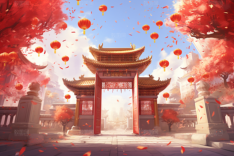 中式传统门楼喜庆国潮背景图