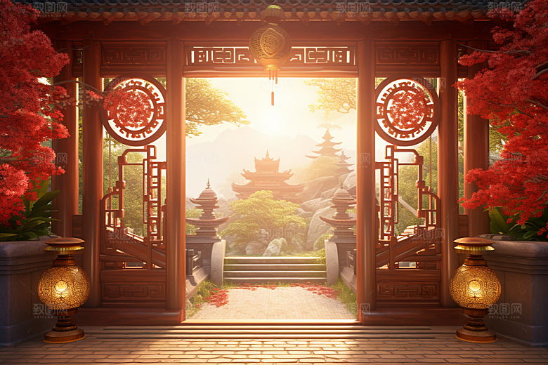 中式传统门楼开门红中国风背景图