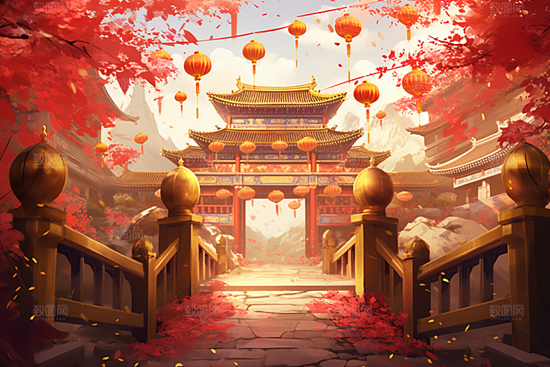 中式传统门楼国潮开业背景图