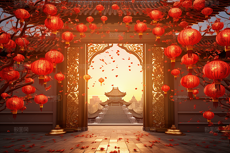 中式传统门楼国潮促销背景图