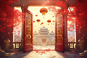 中式传统门楼开门红开业背景图
