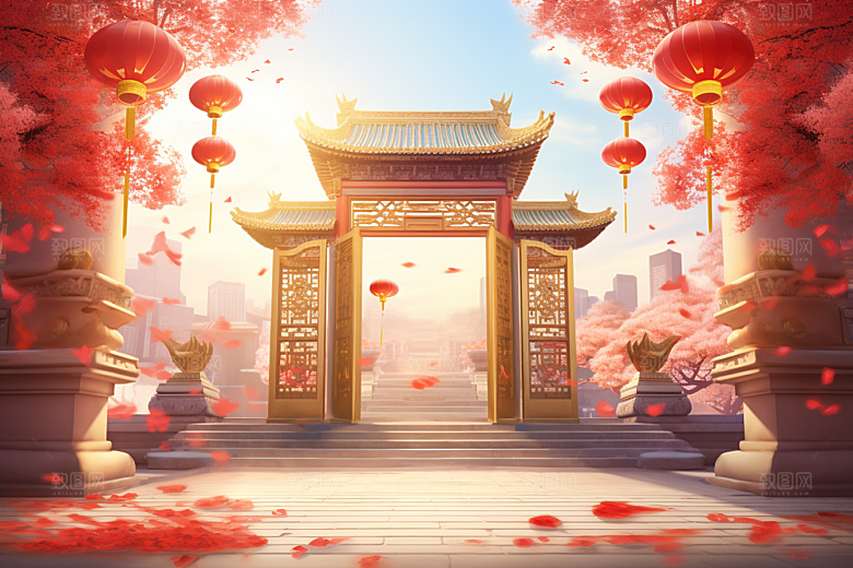 中式传统门楼火热国潮背景图