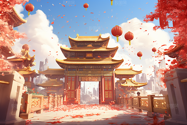 中式传统门楼开门红喜庆背景图