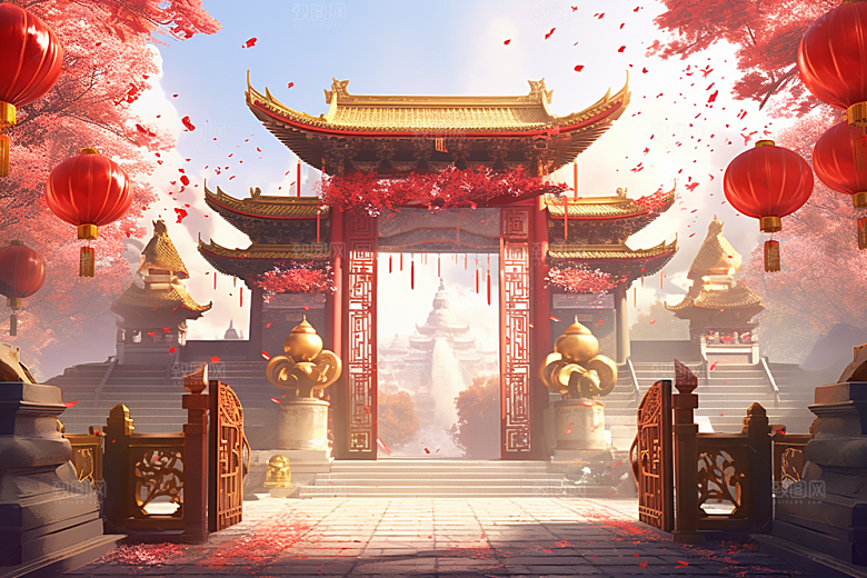 中式传统门楼喜庆火热背景图