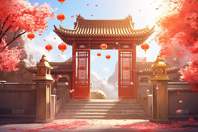 中式传统门楼开门红中国风背景图