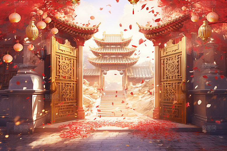 中式传统门楼开业大吉开业背景图