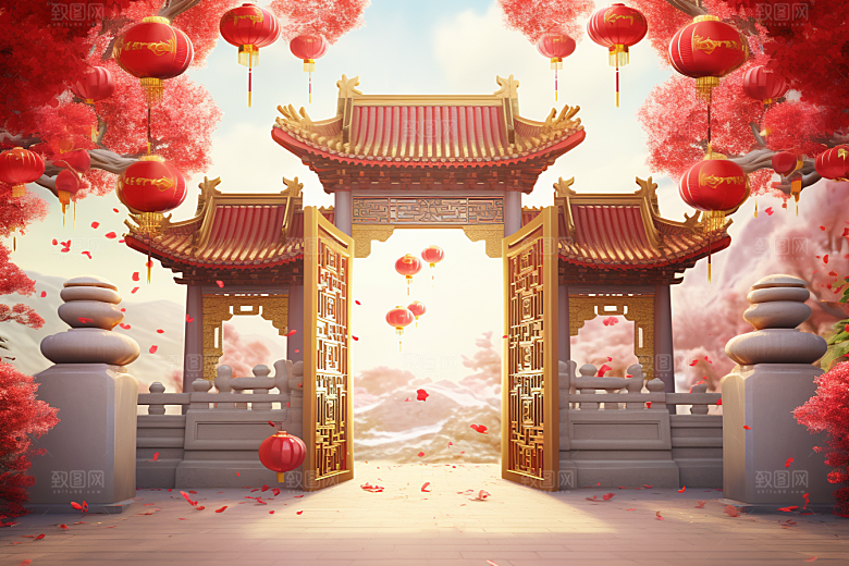 中式传统门楼中国风喜庆背景图