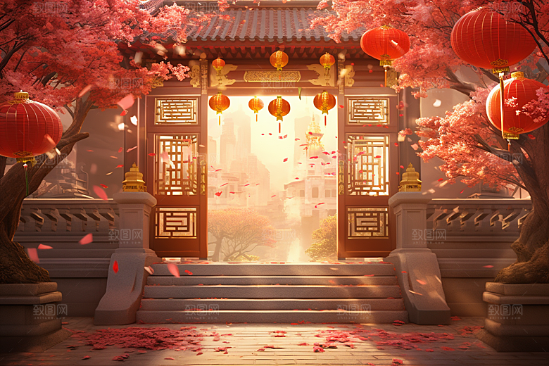 中式传统门楼开门红开业大吉背景图
