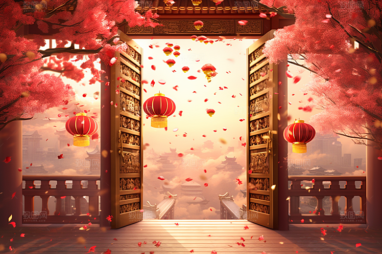 中式传统门楼开门红国潮背景图