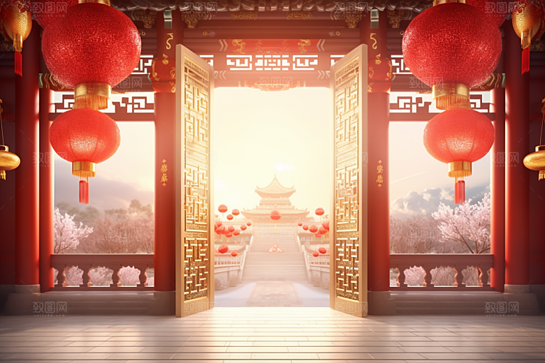 中式传统门楼开业直播背景图