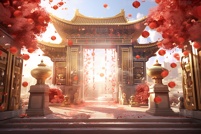 中式传统门楼开业开门红背景图