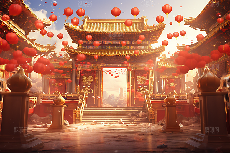 中式传统门楼热卖开业大吉背景图
