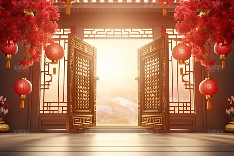 中式传统门楼直播开门红背景图