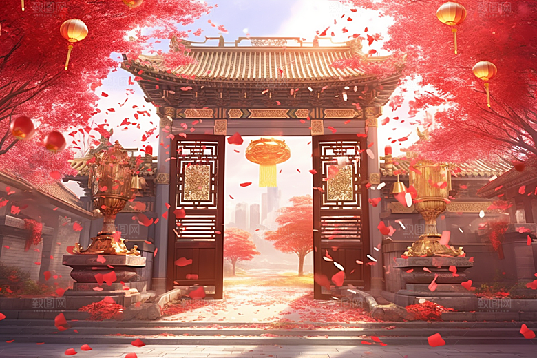 中式传统门楼中国风喜庆背景图