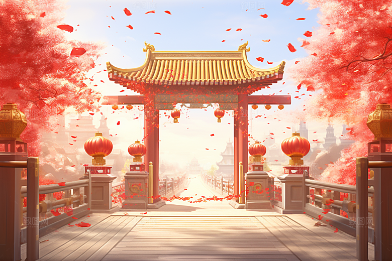中式传统门楼开业喜庆背景图