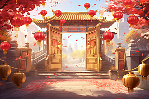 中式传统门楼促销开门红背景图