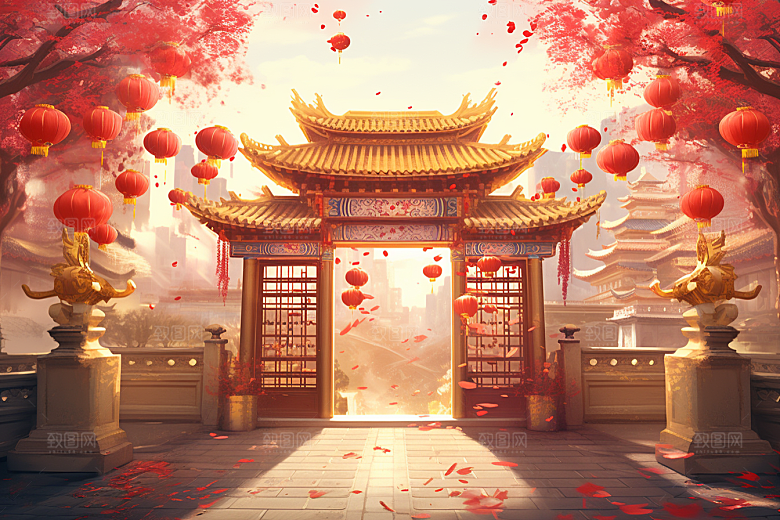 中式传统门楼喜庆开业大吉背景图