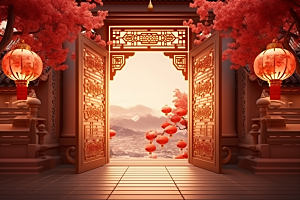 中式传统门楼国潮火热背景图