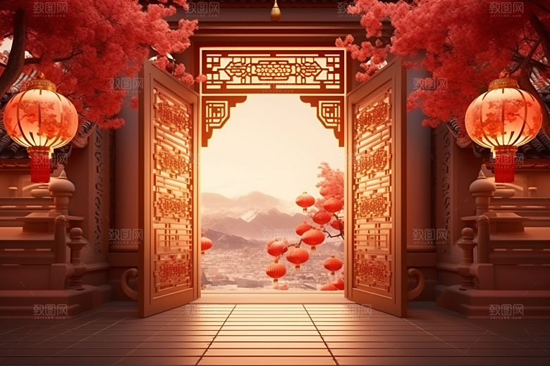 中式传统门楼国潮火热背景图